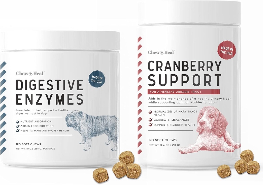 Enzimi digestivi e probiotici e supporto UTI di mirtillo per cani - Supporta il tratto digestivo sano, aiuta l'assorbimento nutriente - Funzione sana del tratto urinario e della vescica - 120 Cuciture morbide Ogni
