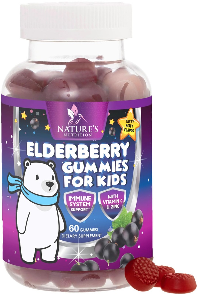 Sostegno immunitario dei bambini Gummie di sambuco - Vitamine giornaliere dei bambini C, Zinc & Kids Supporto per l'immunità Gummy - Integratore di sambuco della natura, Vegan, senza glutine, Gummie di bacche di gusto - 60 Gummies