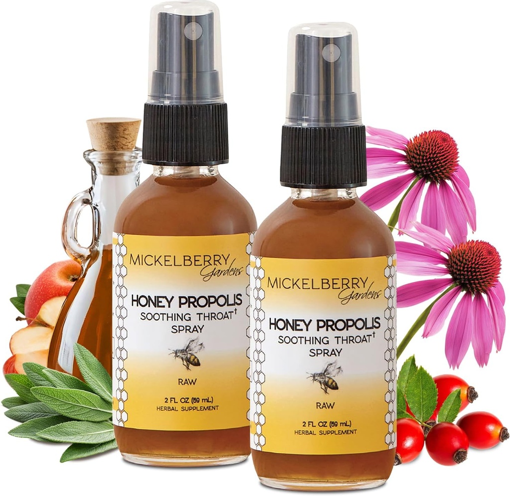 Mickelberry Gardens Honey Propolis Throat Spray - Solante Rilievo Sorriso & Propolis Supporto immunitario per adulti e bambini - Herbal & Honey Formula (2 oz, 2 Pack)