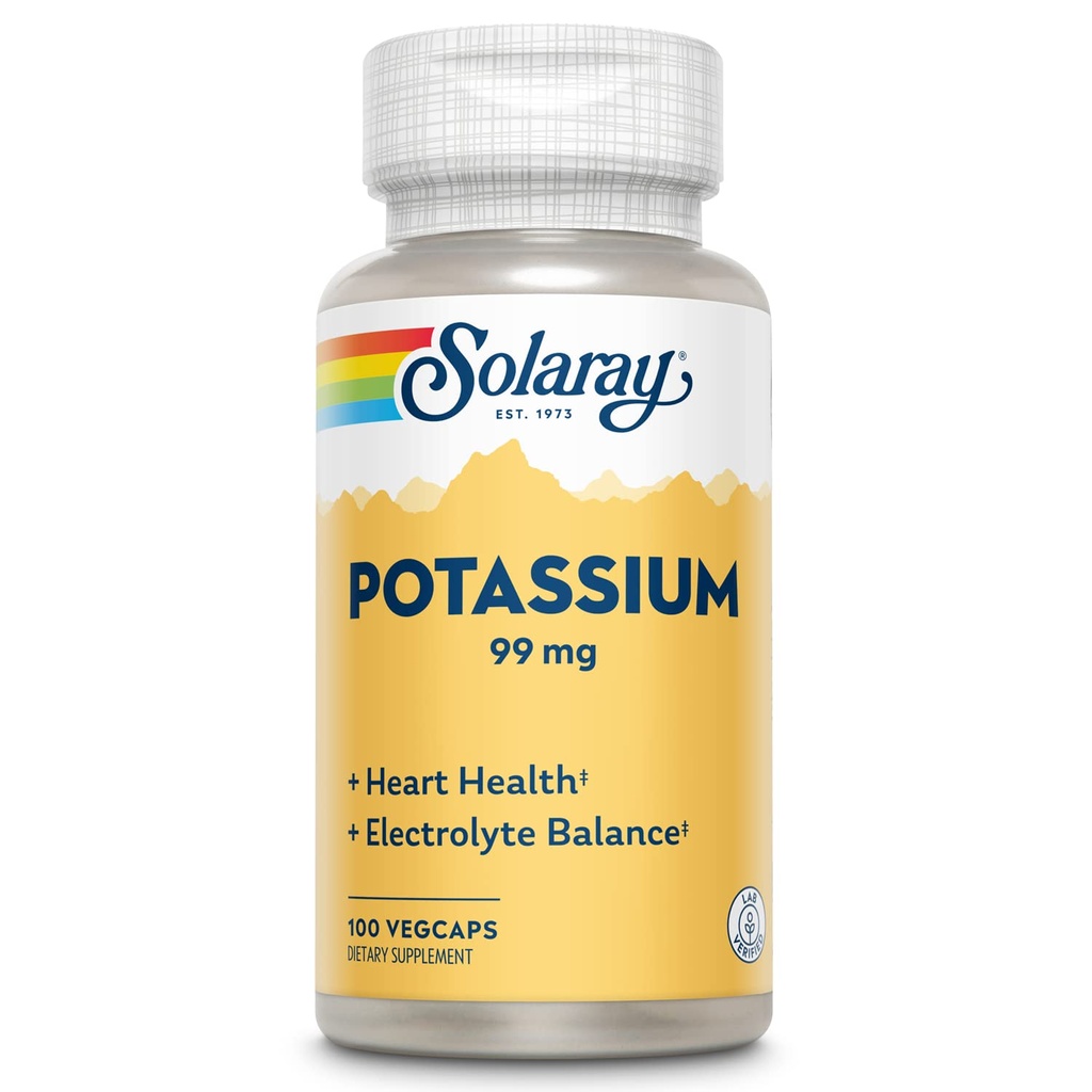 Solaray Potassium 99 mg - Electrolyte Balance Formula - Supplemento di potassio per elettroliti, Vascular and Heart Health Support - 60-Day Money Back Guarantee, Lab Verified, 100 Servings, 100 VegCaps