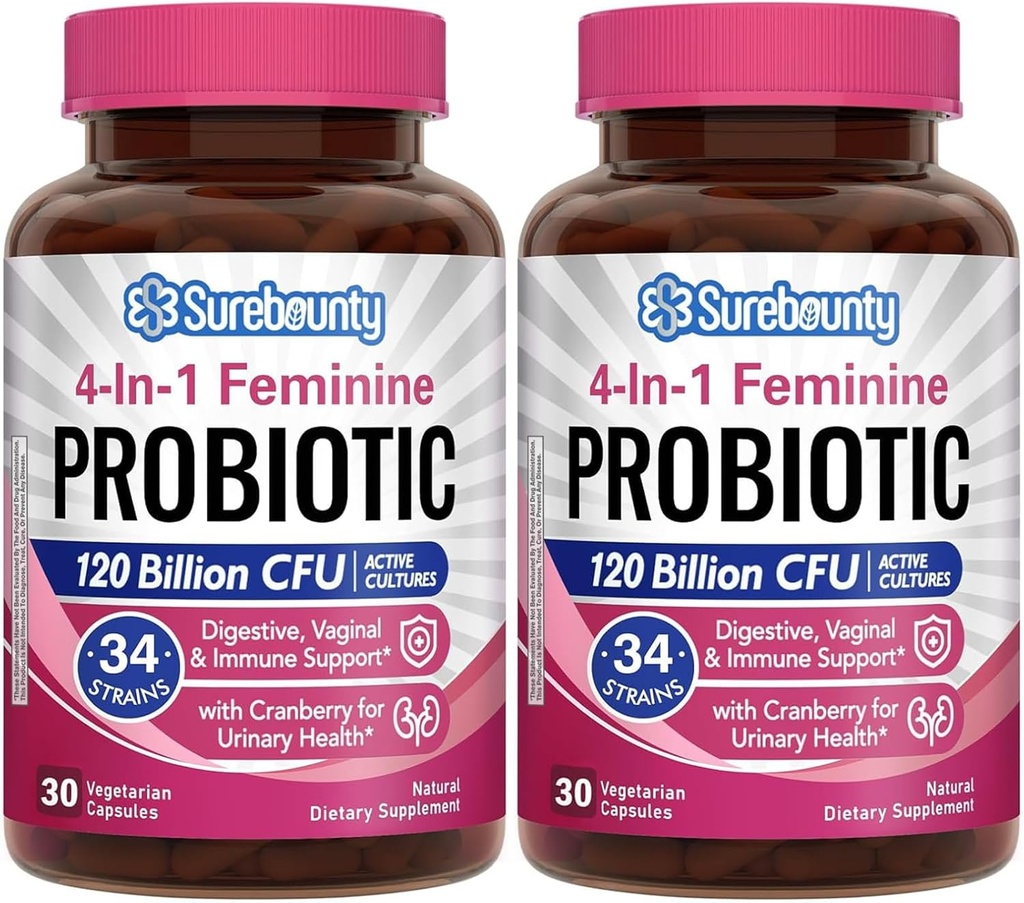 Probiotici per le donne, 120 miliardi di CFU 34 Strains, Prebiotici, Enzimi Digestivi, Mirtillo, 4-in-1 Femminile Probiotico, Digestivo, Vaginale, Supporto Immune, 60ct (Pack of 2)