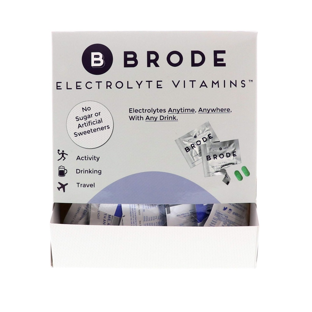 Brode Electrolyte Vitamin - Portable Zero-Sugar Electrolyte Tablets - per sport, vita notturna, Jet Lag, 5 elettroliti essenziali + 9 vitamine 100-Packets