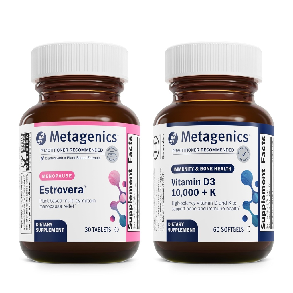Metagenics Menopause Duo: HerWellness Estrovera - All-Natural, ormone-Free Menopause Supplemento di supporto - 30 Compresse & Vitamina D3 10.000 + K - per Bone & Heart Health - 60 Softgels