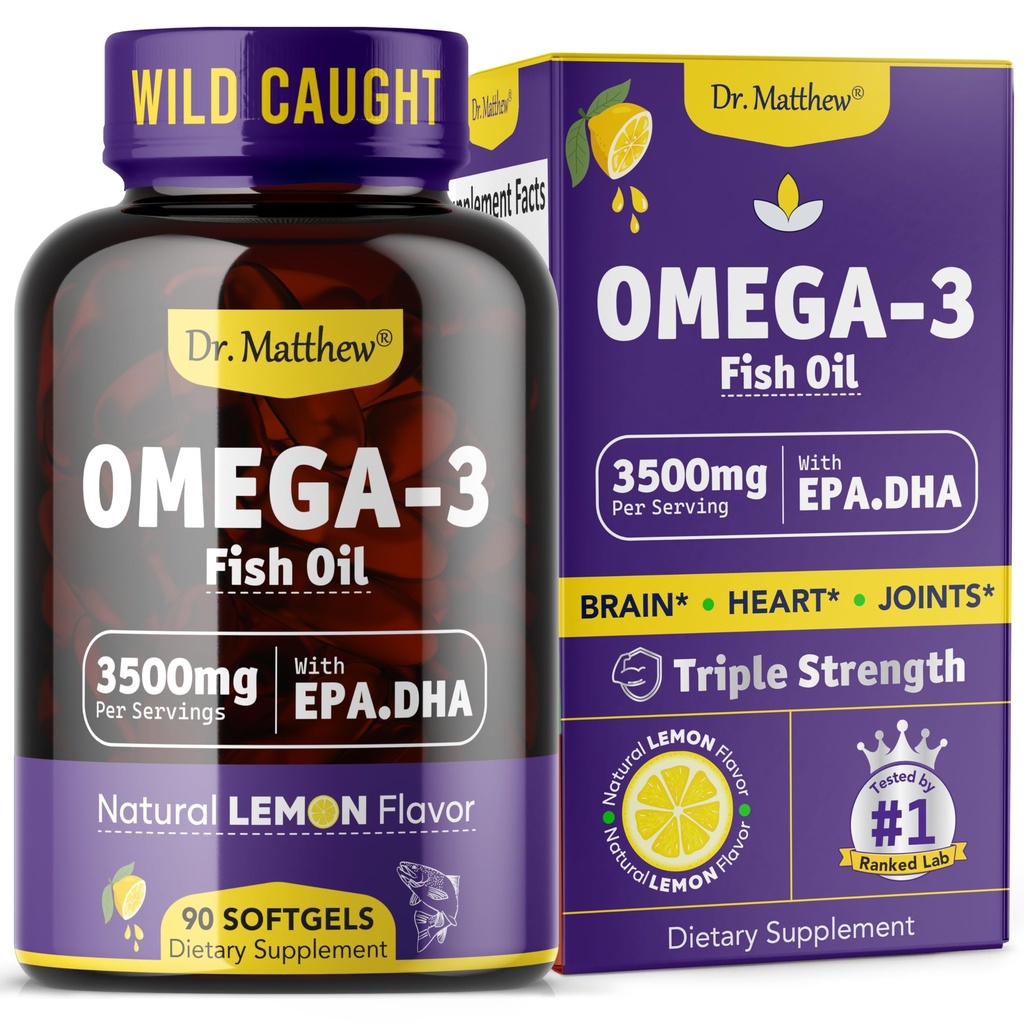 Omega-3 Fish Oil, 3500 mg, Alta EPA & DHA – No Fishy Taste, Facile da ingoiare, Burpless, Limone naturale – Supporta Cuore, Cervello & Joint Health – 90 Softgels – Wild Caught.