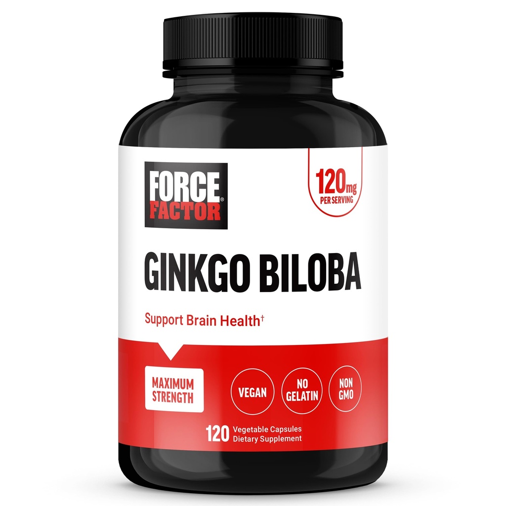 FORCE FACTOR Ginkgo Biloba 120mg, Integratore per la salute del cervello per gli adulti, Supporto per il cervello di massima resistenza Ginko e supplemento cognitivo, Vegan, Non OGM, 120 capsule