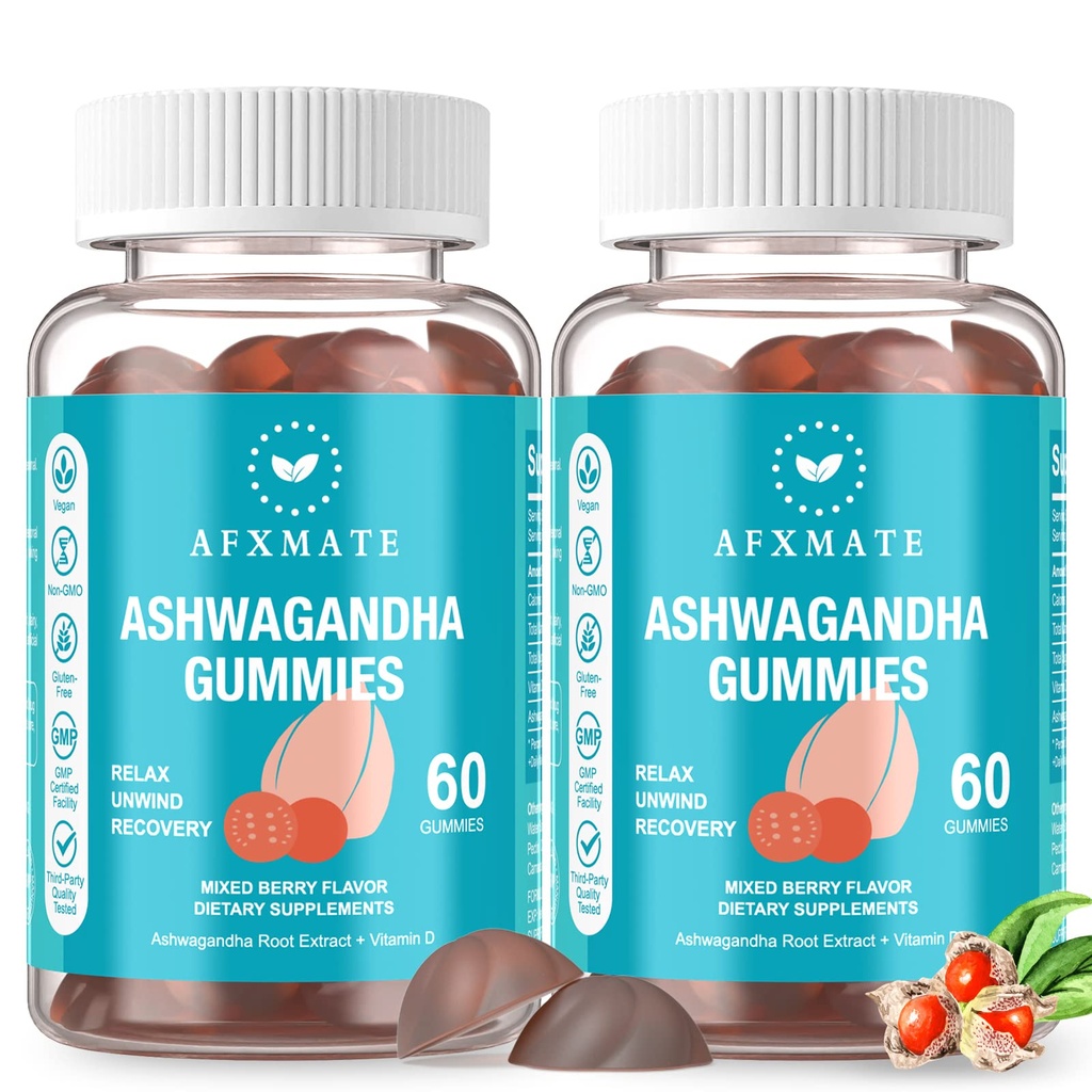 AFXMATE Ashwagandha Gummies & Vitamina D Gummies per uomini e donne 120 conte Aswangdha supplemento (non OGM, senza zucchero e senza glutine)