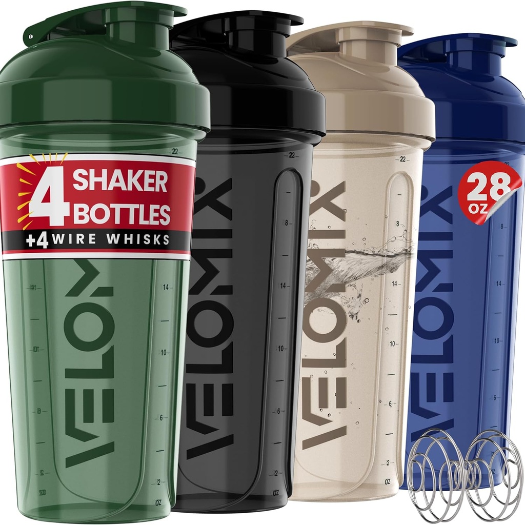 VELOMIX -4 PACK- 28 oz Shaker Cups for Protein Shakes - 4x Wire Whisk | Leak Proof Protein Shaker Bottiglie per Protein Mixes | Protein Shaker Bottle Pack | Mixer per Protein Shakes (Forest Edge)