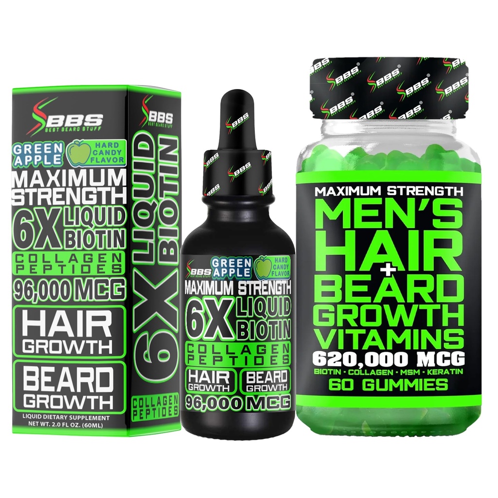 Kit di crescita del cuscinetto w/ 6X supplemento di BIOTIN liquido con peptidi di collagene + 620.000mcg 14-in-1 BIOTIN Gummies / Vitamine di crescita della barba & Vitamine di crescita dei capelli per gli uomini - formulato in America