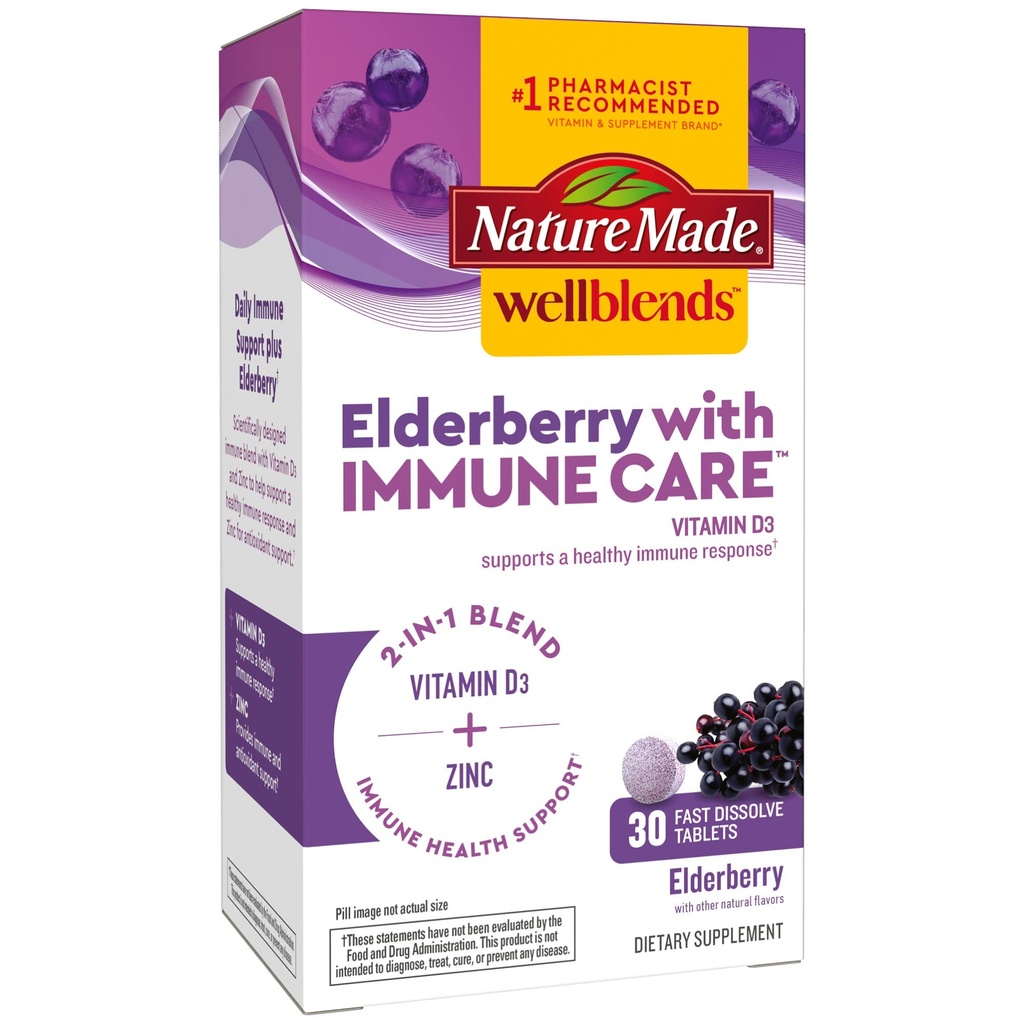 Natura fatta Wellblends Elderberry con ImmuneCare, Vitamina D3 e Zinco, con aroma di sambuco, 30 compresse disciolte veloci