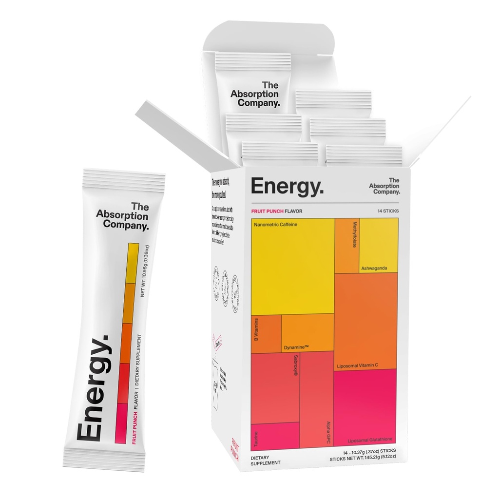 I pacchetti di miscela di miscela di energia della società di assorbimento – Booster di energia pulita per sostenere l'alertness con la caffeina naturale 150mg & vitamina C – aroma di punzonatura di frutta, 14 Stick