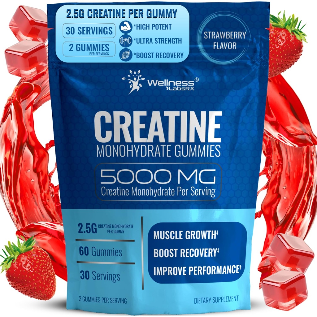 WELLNESS LABSRX Creatina Gummies 5000mg, 30 Serve Creatina Monoidrato Gummies, Strawberry Flavor Creatina per Uomo - Confezione da 2