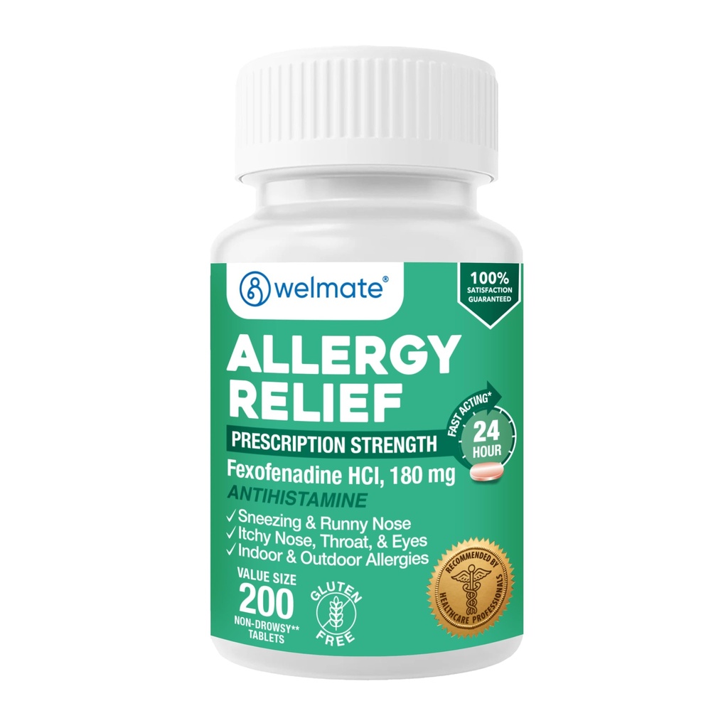 WELMATE Allergy Relief - Fexofenadine HCl 180 mg - Antistamina non dolorosa - 200 Count Tablet