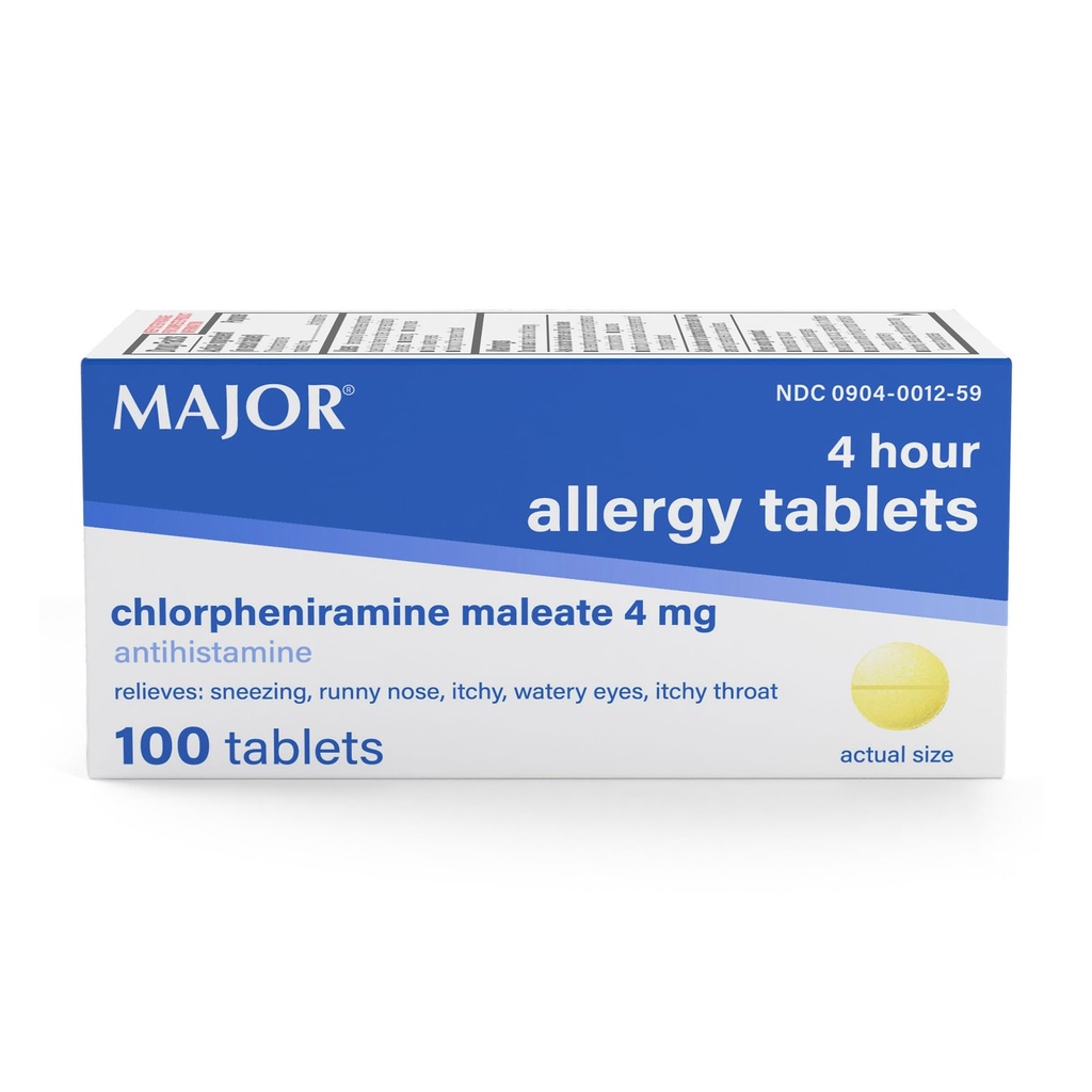 MAJOR 4 Mg Allergy Tablets - Chlorpheniramine Maleate 4-Hour Allergy Medicine - Antistamina per il sollievo di starnuti, Itchy Occhi Watery, Itchy Throat, e Runny Nose - 100 Conte (1 Confezione)