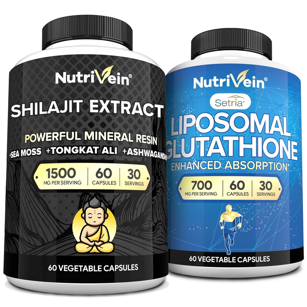 Nutrivein Premium Shilajit Capsule & Liposomal Glutathione Supplemento Bundle: Glutathione Glutathione Liposomal & Shilajit Capsules for Men & Women - Liver, Detox, & Vitality