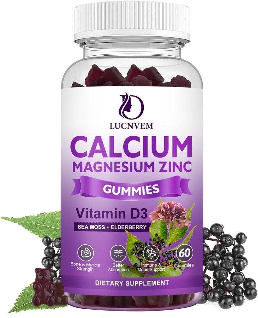 Zucchero Calcio Gratuito Magnesio Zinco Gummies con Elderberry and Sea Moss, Calcio Magnesio 2:1, Magnesio Glycinate, Potassio e Vitamina D3 per Bones, Muscoli, Calma Mood & Sleep Support, 60 Gummies