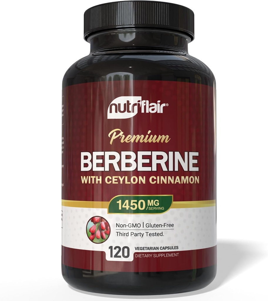 NutriFlair Berberina con Ceylon Cinnamon 1450mg Supplemento – 120 capsule | Formula ad alta potenza con Berberina HCl & Organic Ceylon Cinnamon | Non-GMO, Vegan, senza glutine
