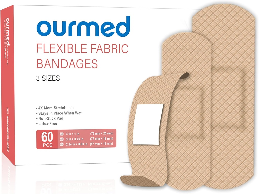 Bandaggi adesivi in tessuto flessibile, 60 Conte, Latex Free First Aid Bandage con Pad Non-Stick per la cura dei tessuti, tagli, graffette, listiere, taglie assortite