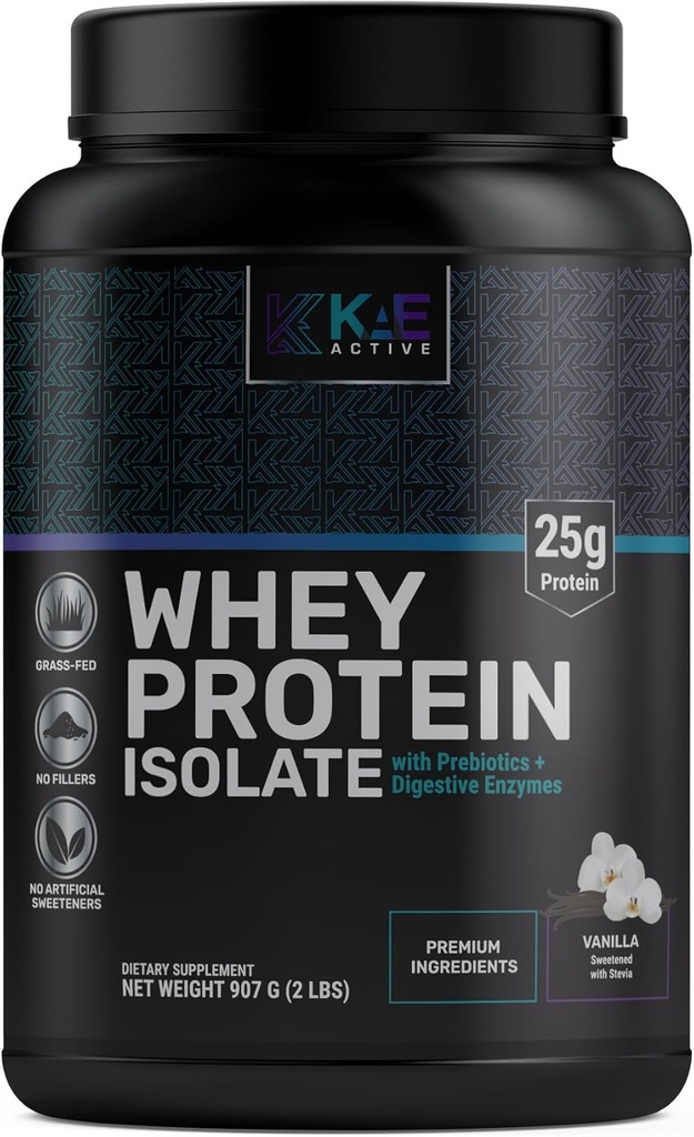 KAE attivo facilmente digeribile Vanilla Grass-Fed Whey Protein Isolate Powder. Formula pulita con solo 5 ingredienti. 25g di proteine.