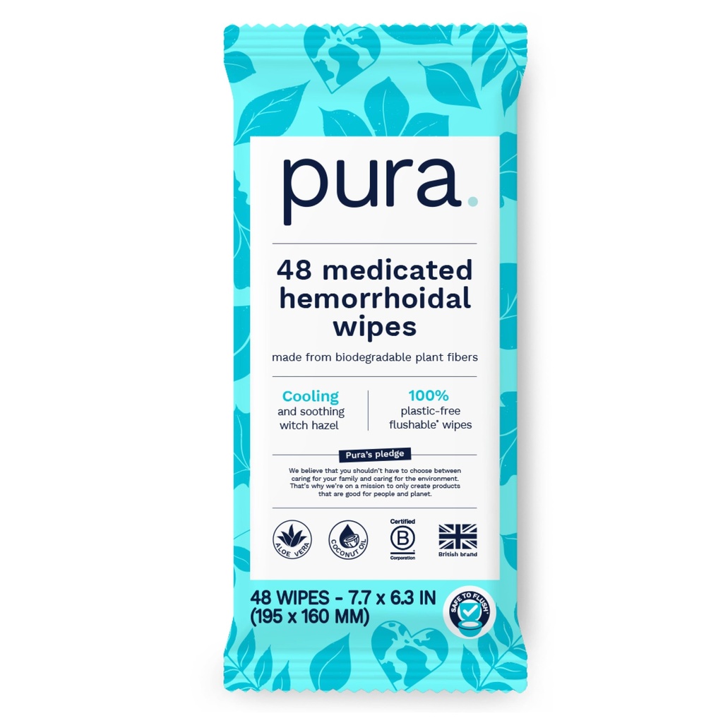Depinti emorroidi versatili Pura XL, 48 conte, Medicated with Cooling Witch Hazel, Aloe & Coconut Oil, Fast Relief, Fragrance-Free, 100% Plastic-Free