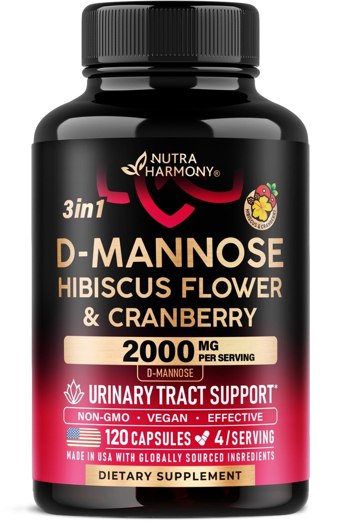 D-Mannose 2000mg con Cranberry & Hibiscus - Clinically Tested Strength for Urinary Tract Health - Supplemento per le donne - Bladder, Liver & Microflora Support - Made in USA - Vegan, 120 Capsule