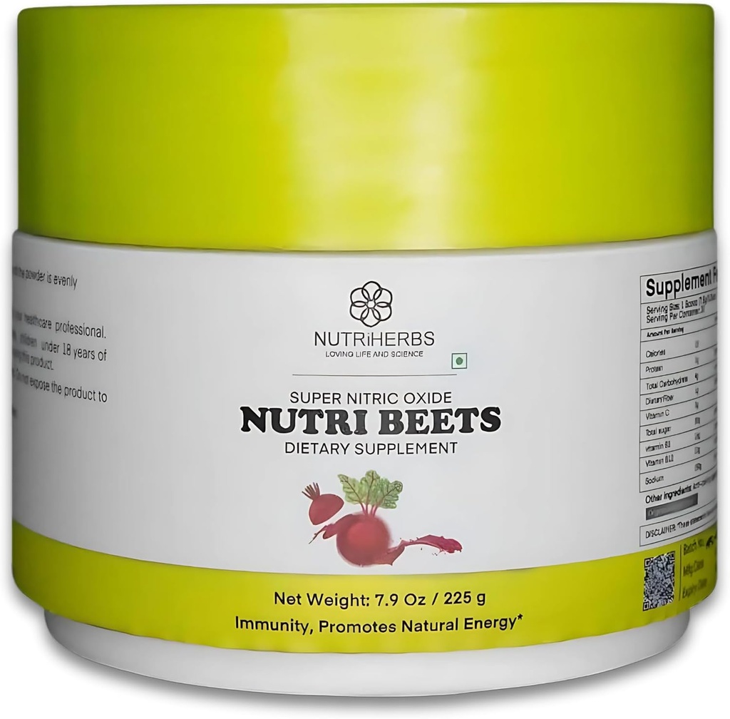 Super Nitric Oxide Nutri Beets - 225g | Polvere di radice di barbabietola organica, melograno e spinaci rossi per la salute del cuore, energia e pressione sanguigna Supporto | Booster cardiovascolare | 30 Serve