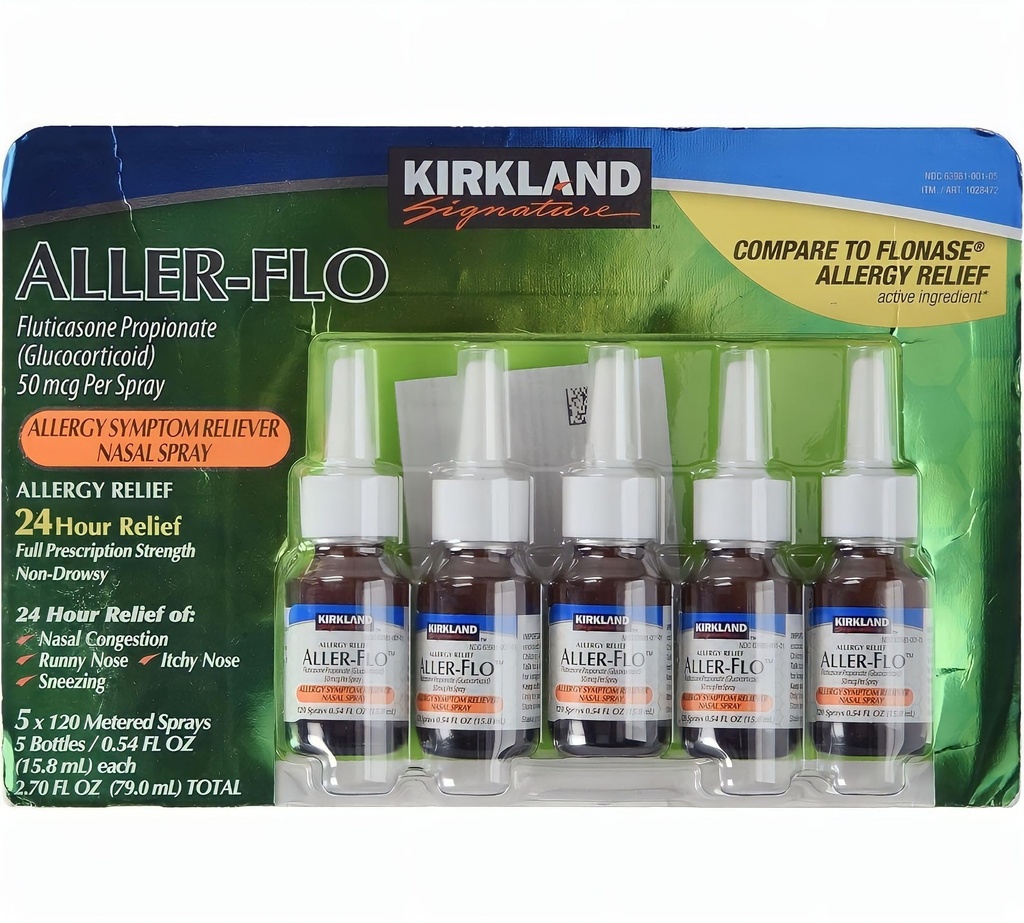 KIRKLAND Signature Aller-Flo Fluticasone Propionato (Glucorticoide) 5 Bottiglie x 120 Spruzzi Metered 0.54 Fl OZ per Bottiglia (15.8 mL x 5) 2.70 OZ Totale (79 mL Totale) 600 Spray Totale, 1-Pack