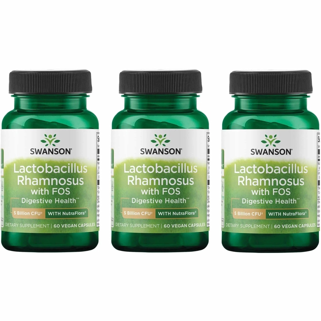 Swanson Lactobacillus Rhamnosus con FOS - Integratore Probiotico Supporta la salute digestiva - 5 miliardi di CFU - promuove la salute del tratto GI durante il viaggio - (60 Caps Veggie) 3 Pack