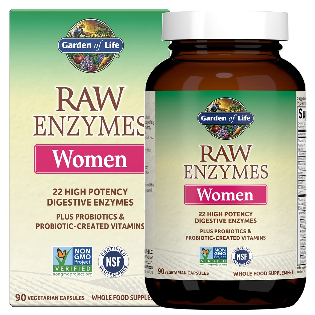 Giardino della vita 22 potenti enzimi crudi per le donne con papaina, bromelaina, lattasi più probiotici e vitamine B12, biotina e zinco, integratore alimentare con enzimi digestivi, vegetariano, 90 capsule