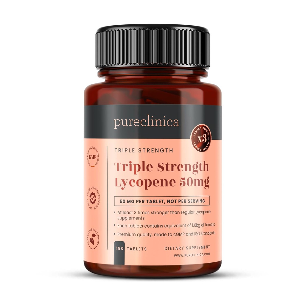 pureclinica Lycopene 50mg x 180 Compresse (6 mesi di fornitura). 300% di resistenza delle compresse di licopene regolari