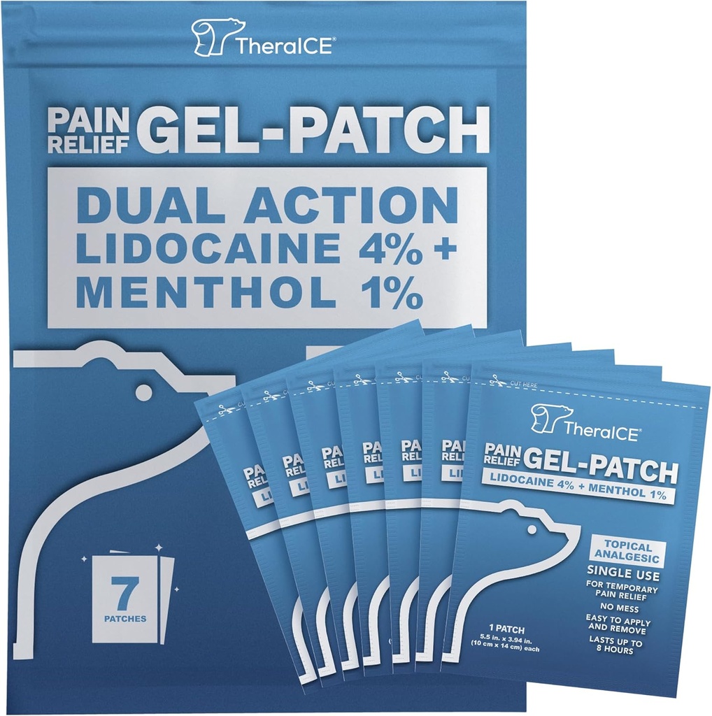 TheraICE Lidocaine Patches Plus Menthol – Massima resistenza Hot & ICY Cold Relief per Back, Neck & Shoulder Pain – 4% lidocaina + 1% mentolo, grande dimensione (7 conteggio)