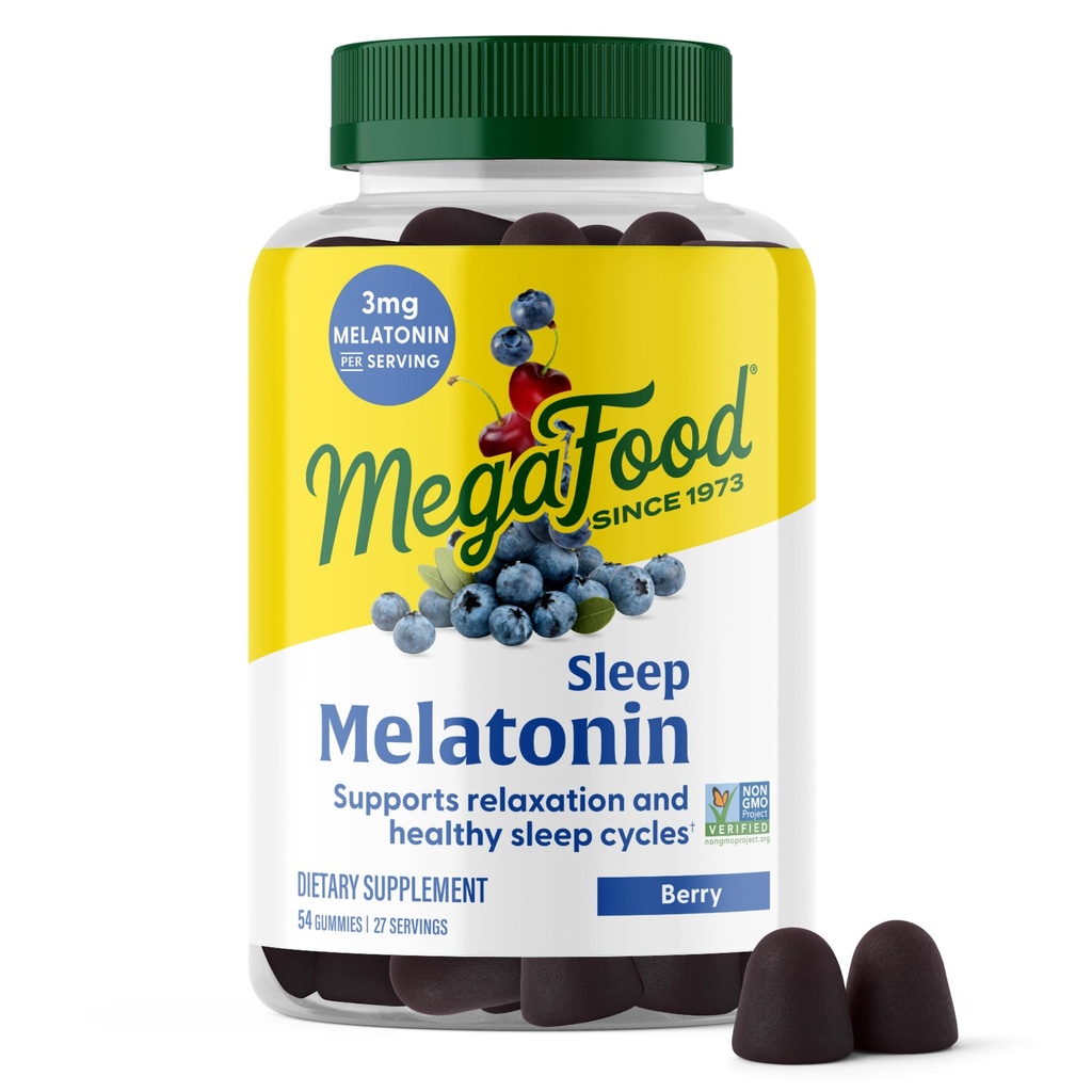 MegaFood Melatonin Gummies - Melatonin 3mg per Serving to Help Relax & Fall Asleep - Gommie per Adulti - Berry Flavor, Non-GMO, Certified Vegan - 54 Count (27 Servings)