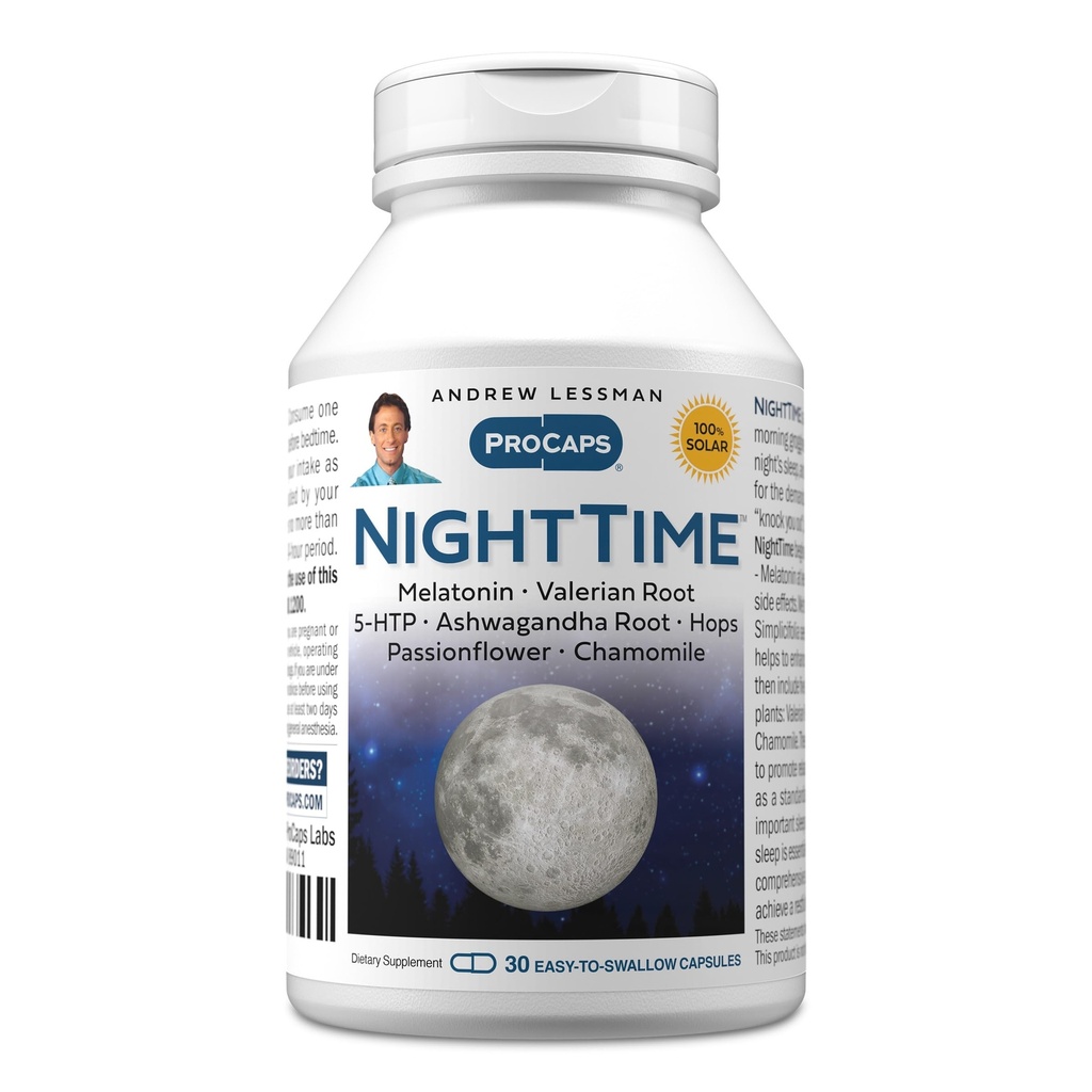 ANDREW LESSMAN Night Time 30 Capsules - 3mg Melatonin, Valerian, Ashwagandha, Passionflower, Hops, Camomilla. No Morning Grogginess. Supporto naturale, sonno riposante delicato. Capsule facili da ingoiare