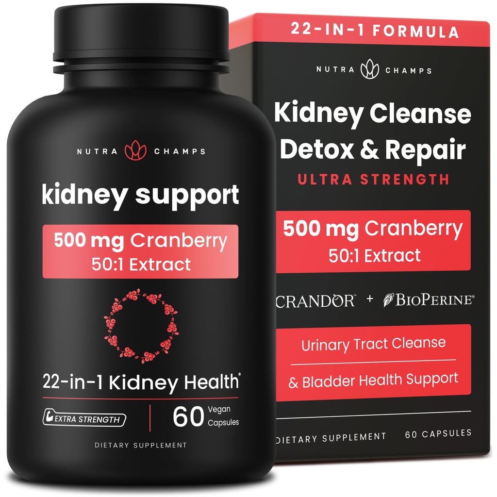 Pulire il rene Detox | 22-in-1 supplemento di supporto del rene | 25.000 mg Pillole di mirtillo estratto | Riparazioni di resistenza extra & Flush Formula Premium | Salute del tratto urinario per le donne & gli uomini | 60 capsule vegane