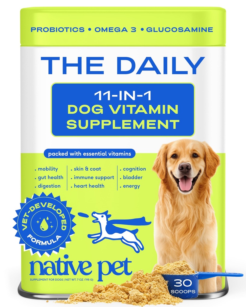 Vitamine e Integratori per Cani Nativi - Polvere Multivitamina 11-in-1 per Cani Cibo Topper - Collagene, Glucosamina, Probiotici, Omega & More- Supporta Gut sano, Mobilità & Salute complessiva -30 Scoops