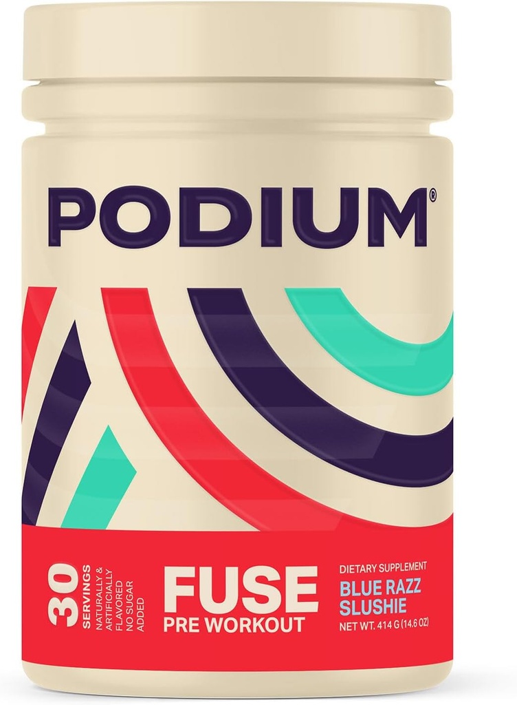 Nutrizione di podio, Polvere pre allenamento di Fuse, Slushie di Razz blu, 30 Serve, Beta Alanina e caffeina per l'energia, senza glutine, senza soia, senza latticini