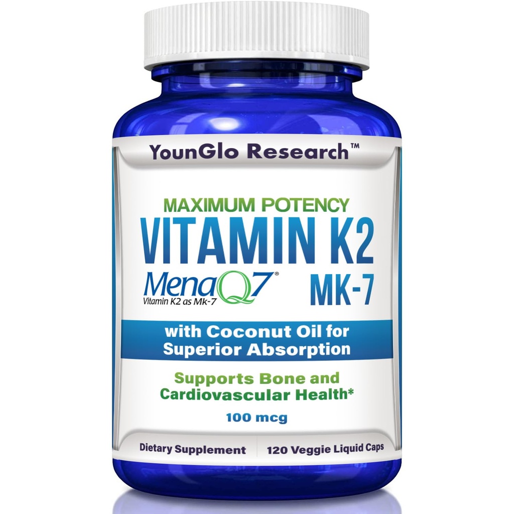 Vitamin K2 MK7 (MenaQ7) 100 mcg w/Coconut Oil for Superior Absorption, Dietary Health Supplement, 120 Vegan Liquid Capsules to Support Bone Strength & Density for Adults Women & Men