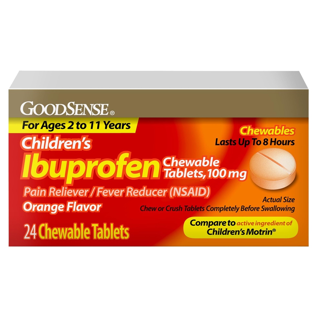 Compresse Ibuprofene di GoodSense per bambini, 100 mg, 24 conte, Riduzione di dolore e febbre (NSAID), Riduce temporaneamente la febbre e allevia i dolori minori e il dolore