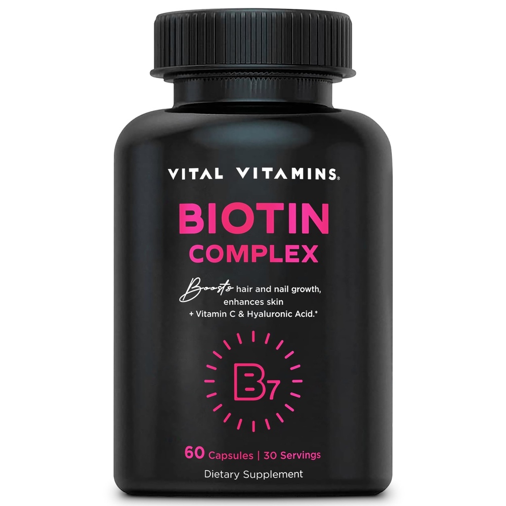 Vitamine vitali Biotin Complex Pills - con acido ialuronico, MSM, collagene, & vitamina C - Supplemento per capelli, pelle, & unghie - 60 capsule
