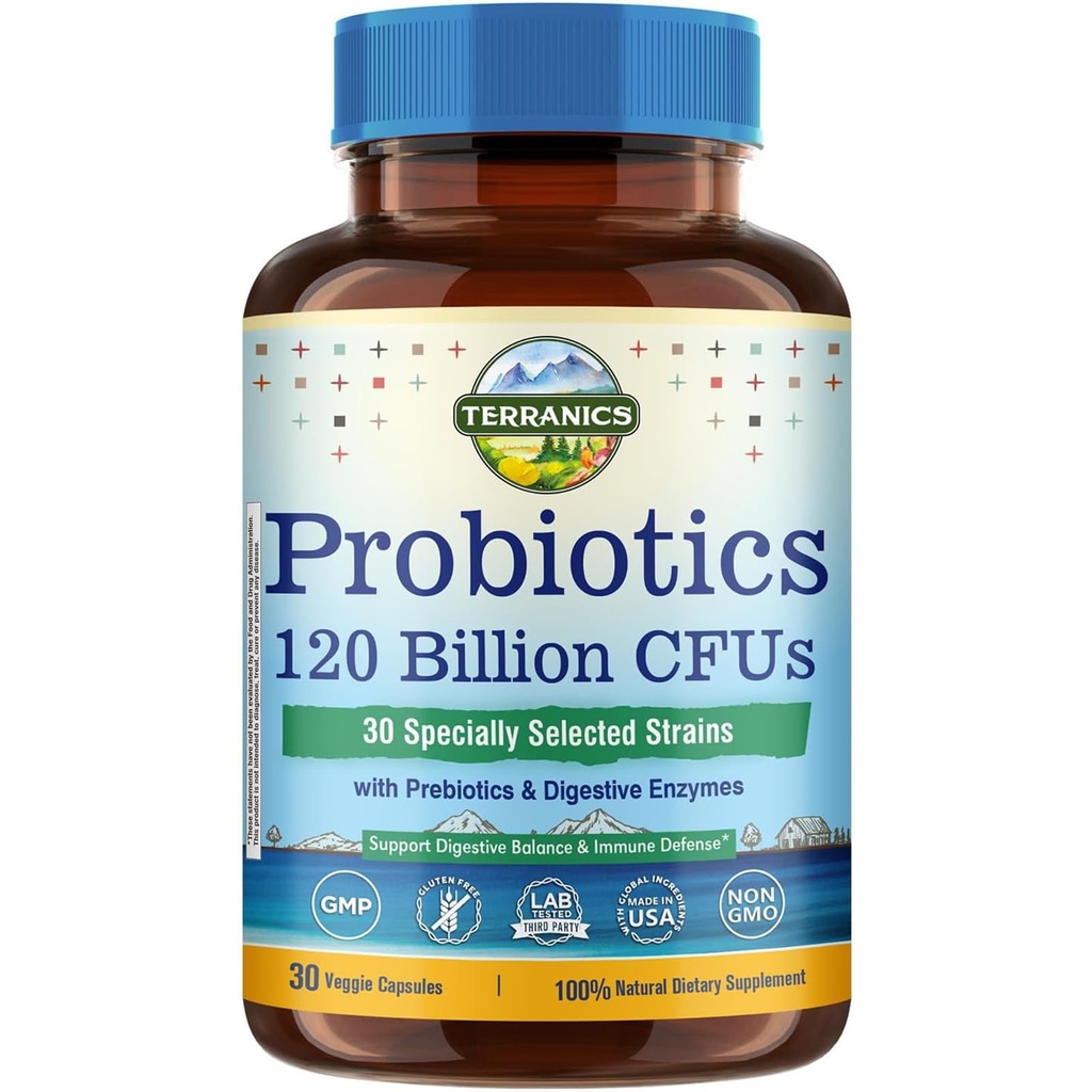 Terranics Probiotics 120 miliardi con Prebiotics & Digestive Enzymes, 30 Strains testati, Digestione completa & Supporto immunitario, Non OGM, NO Soia, Daieria & Gluten, per Uomini e Donne, 30 capsule vegetali