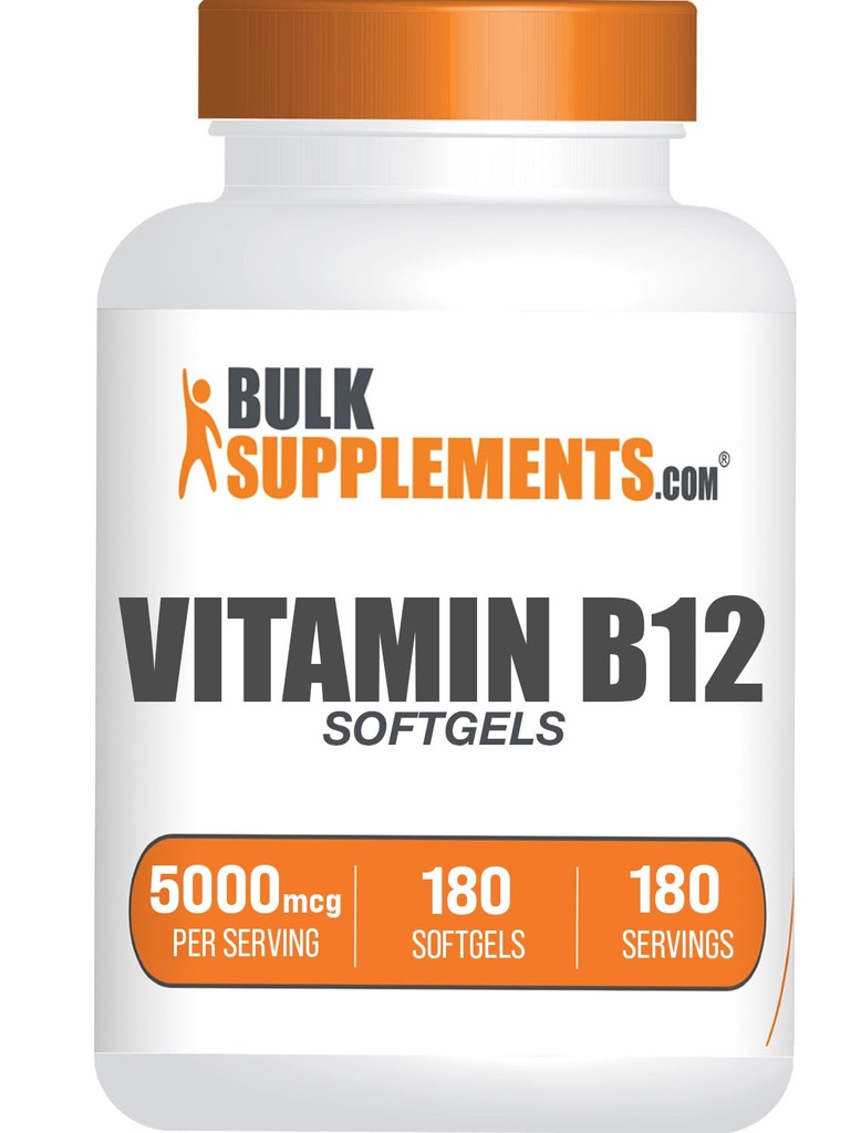 BulkSupplements.com Vitamina B12 5000 mcg Softgels - Cyanocobalamin, Integratori di vitamina B, B12 Vitamine Pillole - Gluten Free, 1 Vitamina B12 Softgel per Serving, 180-Day Supply, 180 Softgels