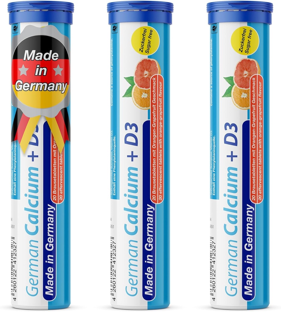 Calcio tedesco + Vitamina D Bevande Tabelle effervescenti 60 Serve Arance-Grapefruit Flavour - 500 mg Calcio, 2,5 μg Vitamina D3 - T&D Pharma – Made in Germany