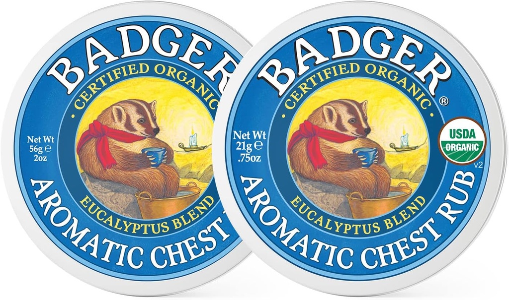 Badger - Aromatic Chest Rub, Eucalyptus & Mint, Certificato Organico, Rubinetto Vapor Soothing con Eucalyptus Essential Oils, Baby Chest Rub, Vapor Rub Ointment, 0.75 oz - 2-Pack