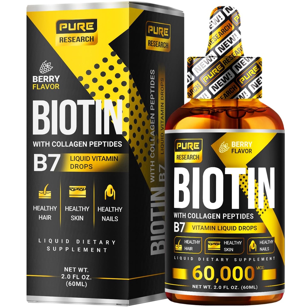 Liquid Biotin & Collagen Hair Growth Drops 60,000mcg - Biotin e Liquid Collagen Supplemento per Uomo & Donne - Supporto per la pelle brillante, Salute capelli & Nail Growth - 2oz