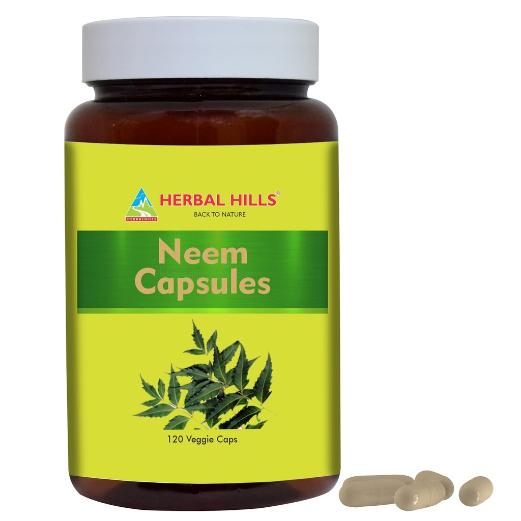 HERBAL HILLS Neem Capsule 120 Vegie Capsule Neem Leaf Azadirachta Indica 700 mg Polvere ed estratto di miscela in una capsula