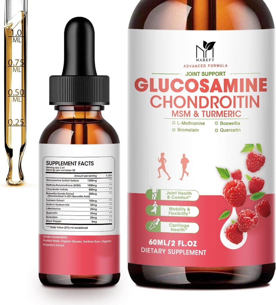 Glucosamina Condroitin MSM Liquid Drops-w/ Turmeric Boswellia Quercetin Bromelain-Vegan, Supporto antiossidante per la schiena,Knee,Hands-Joint Supporta giunti sani, Mobilità & Cartilage