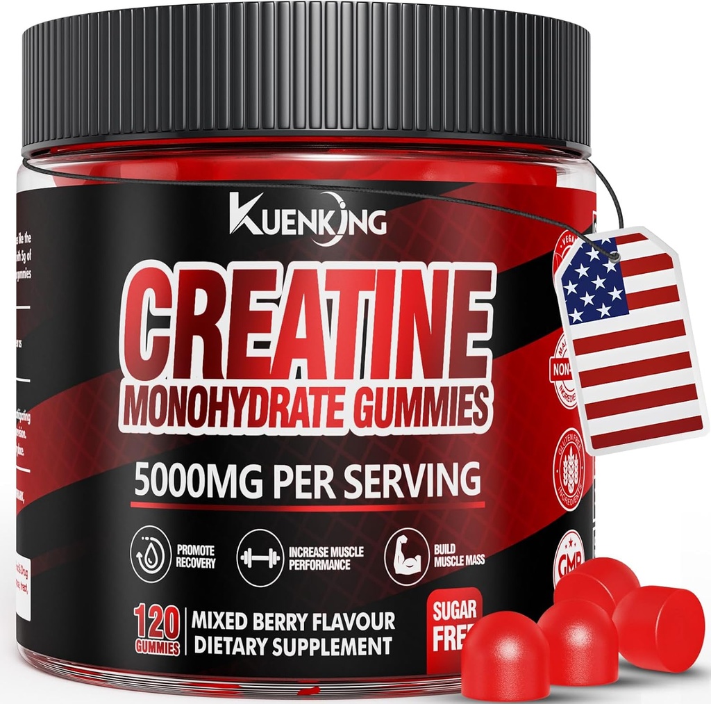 Gummie di creatina monoidrata per uomini e donne, Zucchero Free Vegan Creatine Gummies 5g per la resistenza del muscolo, Boost di energia, integratori pre allenamento, Boost Focus & Endurance (120 conte)- Bacca mista