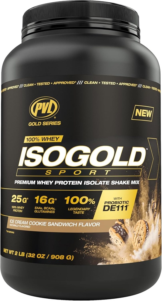 Serie PVL Gold - 100% Whey ISOGOLD Sport - Premium Whey Protein Isolate Shake Mix - 2 LB - Ice Cream Cookie Sandwich