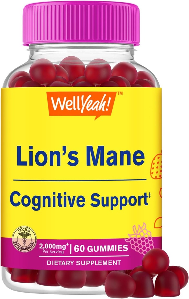 WellYes Lions Mane Gummies per adulti (2000mg) | Lions Mane Supplement Memory and Focuse Support | Gluten Free, Non OGM | Berry Flavor | Lion's Mane Gummies 60 Count