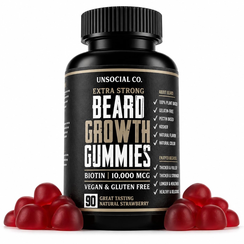 Unsociale Co. Extra forte crescita del cuscinetto Vitamine Gummies | Biotin 10000 MCG | Promuove la crescita forte e spessa dei capelli facciali per gli uomini | Gummie del cuscinetto per gli uomini | Fragola